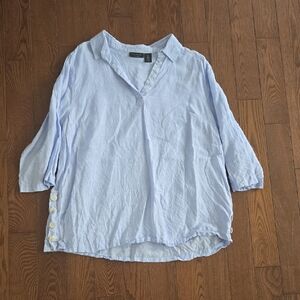 Tahari 100% Linen Light Blue Pullover Tunic Blouse Size 1X